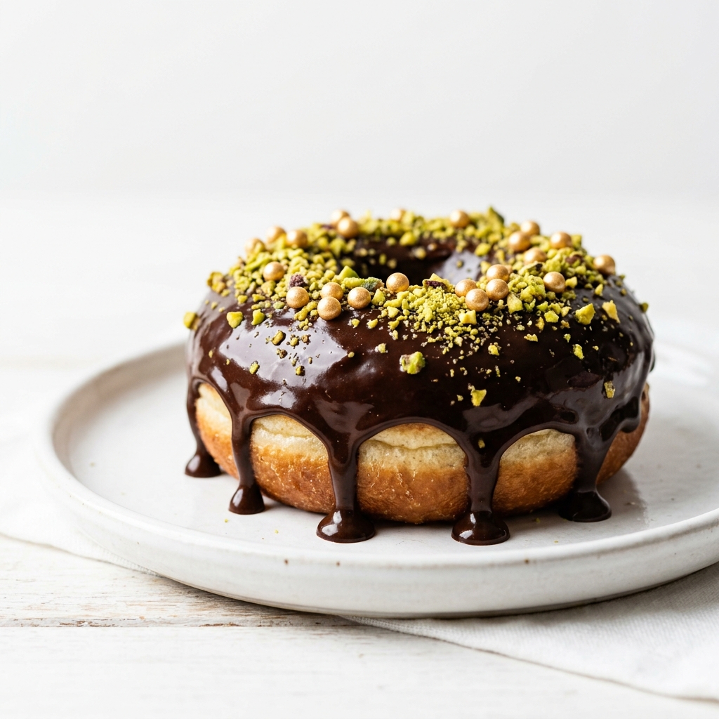Donut gourmet com ganache de chocolate e pistache